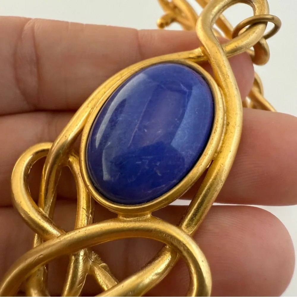 Vtg Large Matte Goldtone Art Nouveau Revival Scroll Blue Stone Dangle Brooch
